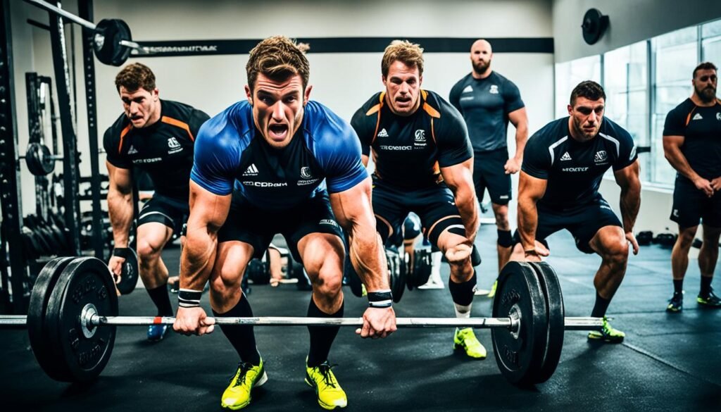 Rugby Players Squatting